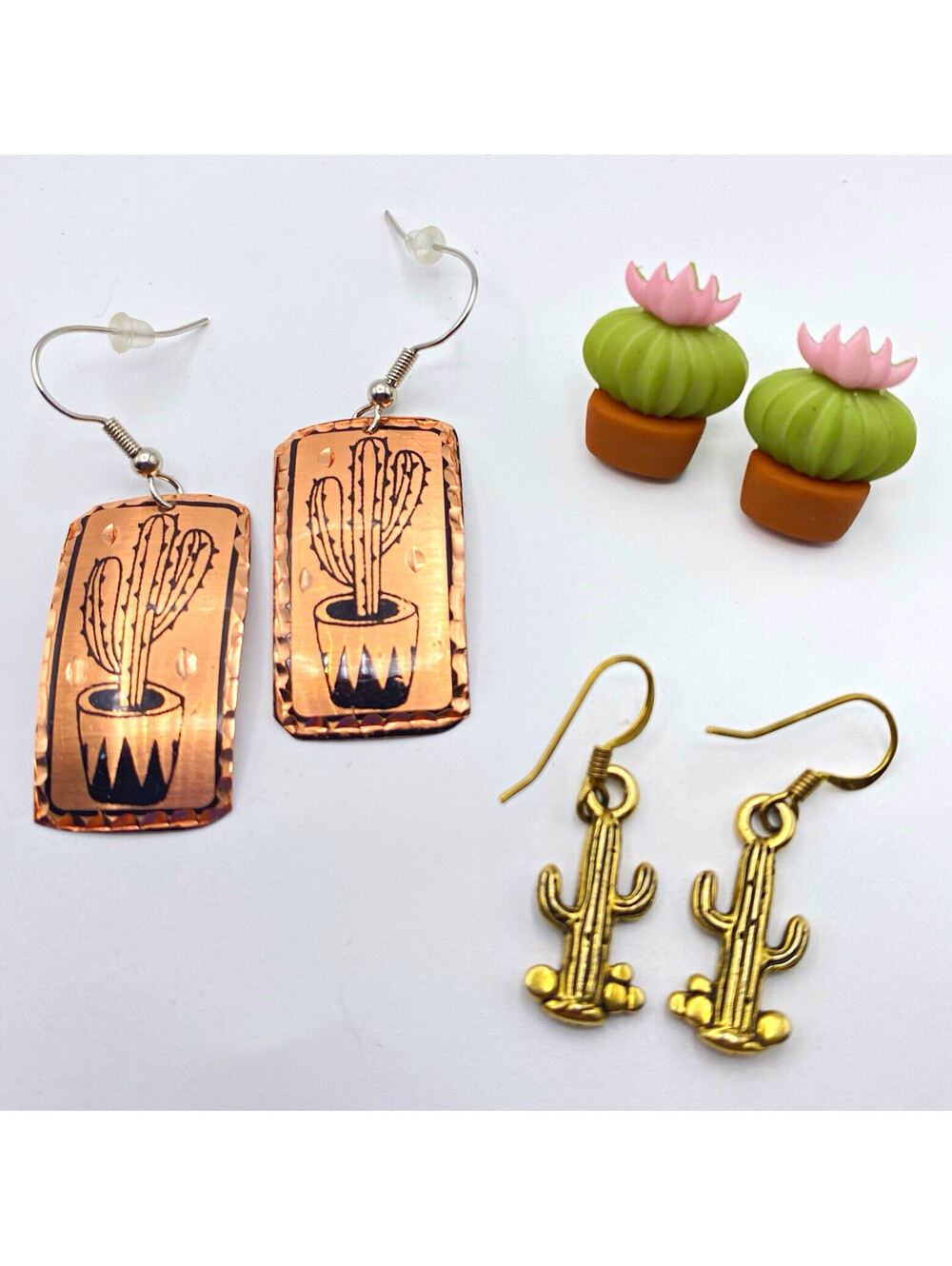 Lot of 3 Cactus Nature Earrings Multicolor Metal Plastic Dangle Drop Stud Bundle